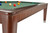 Brunswick Billiards Brunswick Henderson Pool Table in Espresso, close-up view showing the wooden frame, green felt playing surface, and pool balls arranged on the table.