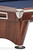 Brunswick Billiards Brunswick Gold Crown VI Tournament Slate Pool Table in Mahogany, close-up of the corner with wood finish and metal detail.