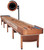 Playcraft Telluride Honey Shuffleboard Table with optional Overhead Electronic Scoring, a wooden shuffleboard with digital scoring system and pucks on the playing surface.