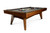 Doc & Holliday Scholar Pool Table in Pecan, a custom pool table made in the USA with a wooden frame and green felt surface, featuring billiard balls, cue sticks, and a pool cue rack.
