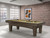 Brunswick Billiards Brunswick Winfield Slate Pool Table in Coffee Finish, with pool balls arranged on the playing surface, set in a modern game room with brick accent wall and abstract artwork.