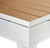 American Heritage Billiards American Heritage Lanai Outdoor Pool Table in Teal, detailed close-up of the pool table's corner showing the wooden top and white base.