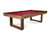 Doc & Holliday Santorini Walnut Pool Table by Doc & Holliday, a custom-made USA billiards table featuring a rich walnut wood finish and a vibrant red playing surface.