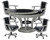 Brunswick Billiards Brunswick Centennial Game Table Set, a modern dining and game table set with a rustic wood finish and four black leather cushioned chairs.