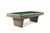 Angled view of the Preakness slate pool table by Doc & Holliday highlighting its contemporary mid-century modern design, wide wood rails, tapered pedestal legs, and smooth glazed pearl finish.