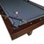 American Heritage Billiards Abbey 8' Slate Pool Table in Espresso, close-up view showing the dark espresso wood finish, playing surface with billiard balls, cue stick, and corner pocket.