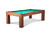 Doc & Holliday Paula Parsons Pool Table in Gray Walnut, modern billiard table with green felt top and solid wooden frame and legs.