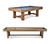 Doc & Holliday Hank Pool Table & Shuffleboard Combo, a combination of a wooden pool table with a blue felt surface and a wooden shuffleboard table with a smooth surface.