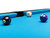 Brunswick Billiards Gold Crown VII 9' Tournament Edition Pool Table, close-up view of the bright blue felt surface with billiard balls and part of the cue rail.