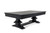 Angled view of the Beaumont Black Ash pool table with matching dining top installed, showing the solid ash wood grain, pedestal base, and convertible billiard dining table design.
