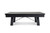 Side view of the Plank & Hide Isaac pool table in Black Ash with dining top, showcasing the ash wood frame, bold black finish, angled legs, and industrial metal stretcher detail.