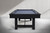 Plank & Hide Co Isaac Slate Pool Table in Black Ash, modern billiards table with sleek black ash finish, blue felt surface, and black pockets, ideal for game rooms.
