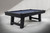 Plank & Hide Co Isaac Slate Pool Table in Black Ash, modern pool table with black ash finish and blue playing surface.