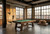 C.L. Bailey Tunbridge Pool Table in Weathered Brown, indoors with large windows and city skyline view.