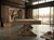C.L. Bailey Viking Pool Table in Antique Oak, placed in a modern art studio with large windows overlooking a city skyline at sunset.