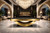 Doc & Holliday Poshy Slate Pool Table - Reverse Rainbow Edition - Brushed Gold, modern billiards table in luxurious lounge setting with chandelier and bar area.