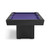 End view of the Aero Pool Table by Plank & Hide showing the black pedestal base, purple playing surface, and clean contemporary pool table profile.