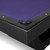 Close-up of the Aero Pool Table corner pocket with black rail finish, silver sights, purple felt, and premium modern billiard table details.