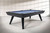 Doc & Holliday The Bellano Slate Pool Table in Matte Black, modern pool table with sleek black finish and blue felt surface, situated in a contemporary game room.