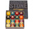 Aramith Stone Billiard Ball Set, display of colorful billiard balls in a box with a box cover in the background.
