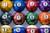 Aramith Camouflage Pool Ball Set, colorful camouflage-patterned pool balls numbered 1 through 12 arranged on a surface.