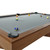 Doc & Holliday Infinity Slate Pool Table, a high-quality billiards table with a sleek gray felt surface and a wooden frame, featuring a set of billiard balls arranged on the table for game play.