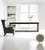 Hooker Furniture Melange Vienna Console, modern minimalist office space with a sleek console table, a leather armchair, and decorative artwork and sculpture.