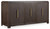 Hooker Furniture Curata Buffet/Credenza, dark brown wooden sideboard with three doors and gold handles.