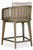 Hooker Furniture Sundance Barrel Back Swivel Counter Stool, rustic wooden bar stool with a barrel back design and beige cushion.
