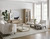 Hooker Furniture Cascade Rectangle Cocktail Table, modern living room with light wood finish coffee table in a spacious, bright area with white armchairs and decorative accents.