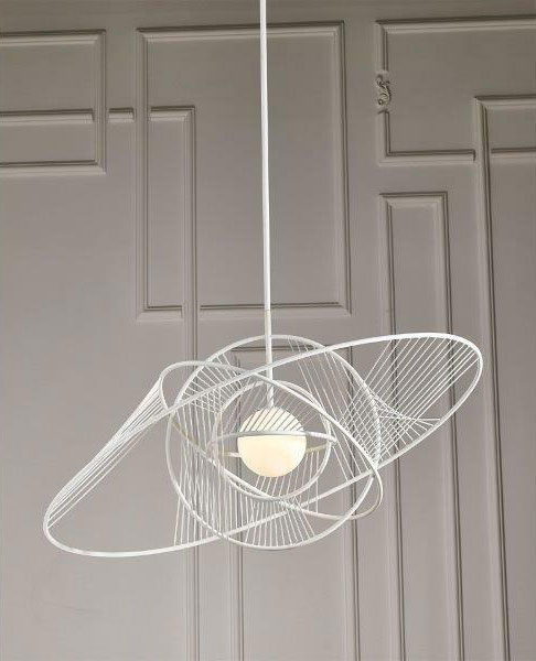 white metal pendant lamp with orbital design hanging from the ceiling
