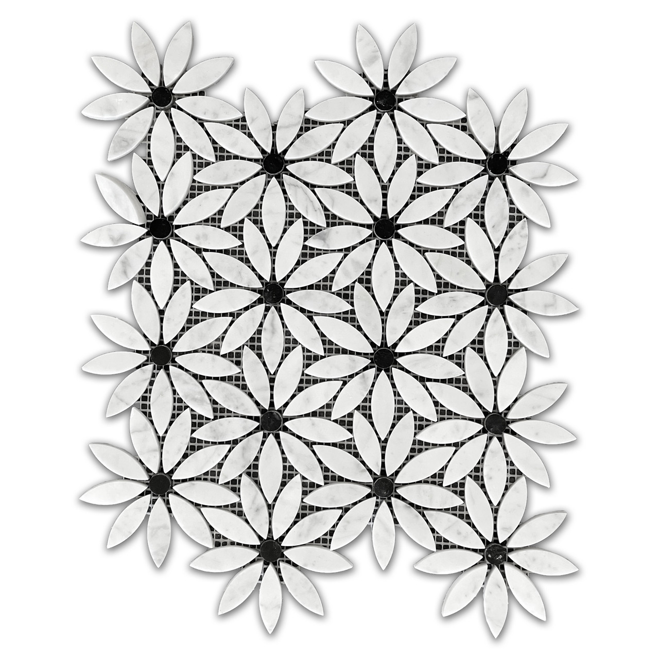 Carrara Marble With Black Center Daisy Flower Mosaic Tile