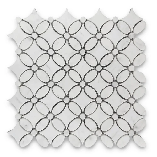 White Carrara Marble May Flower Mosaic Tile with White Carrara Penny Polished 