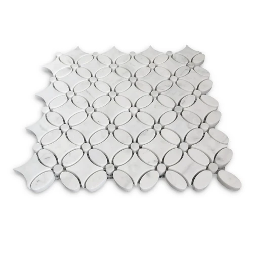 Polished White Carrara Marble May Flower Mosaic Tile with White Carrara Penny
