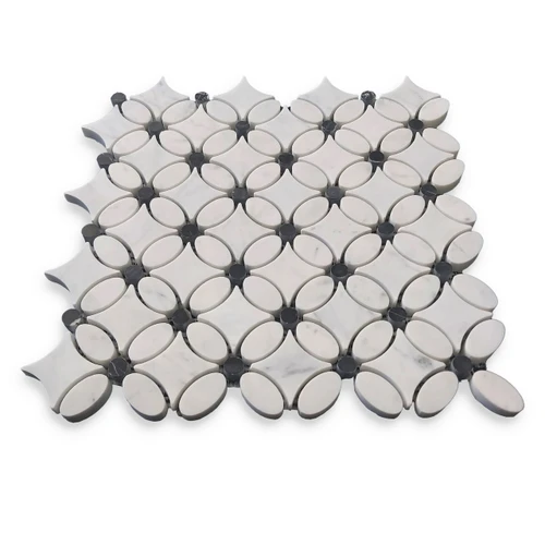 Honed White Carrara Flower Mosaic Tile with Black Penny 