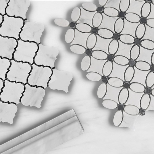 Carrara White Flower Mosaic Tile with Black Penny Polished 