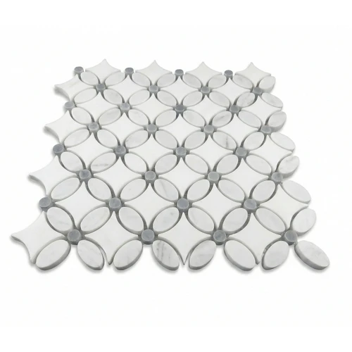 Honed Dolomite Carrara Marble May Flower Mosaic Tile with Bardiglio Gray Penny 