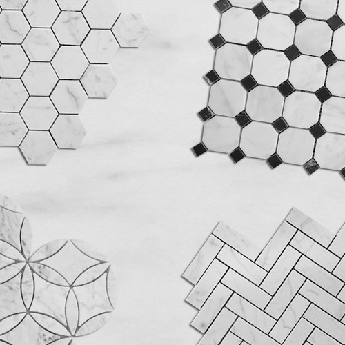 Carrara White Italian Marble Octagon Mosaic Tile with Black Honed