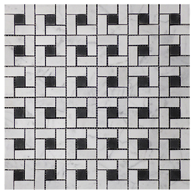 Italian White Carrera Marble Bianco Carrara Target Pinwheel Pattern Marble Mosaic Tile with Nero Marquina Black Dots Honed