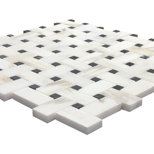 Calacatta Gold Italian Marble Basketweave Honed Mosaic Tile with Black Dots 