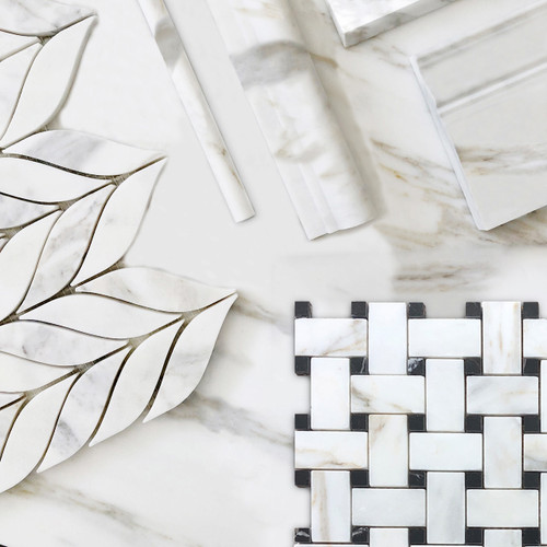 Calacatta Gold Italian Marble Basketweave Mosaic Tile with Black Dots Combination