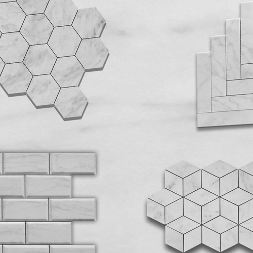 Italian White Carrera Marble Bianco Carrara 2x4 Wide Beveled Mosaic Tile Polished Combination