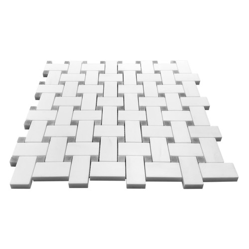 Bianco Dolomiti Polished Marble Basketweave Mosaic Tile with Bardiglio Gray Dots 