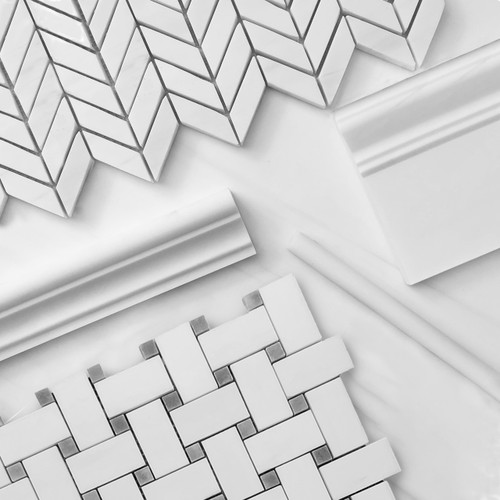 Bianco Dolomiti Marble Basketweave Mosaic Tile with Bardiglio Gray Dots Combination