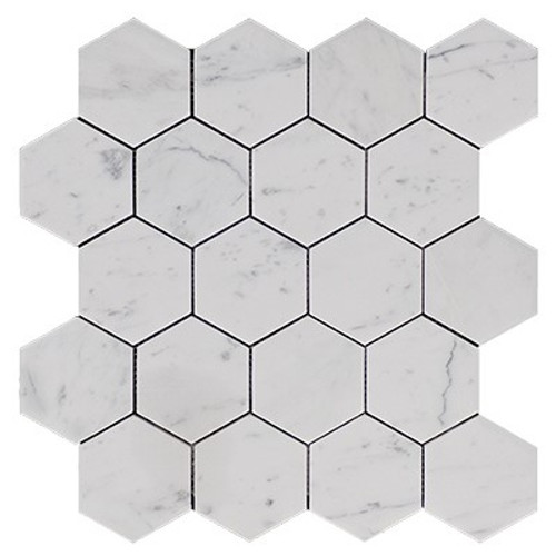 Italian White Carrera Marble Bianco Carrara 3" Hexagon Mosaic Tile Honed
