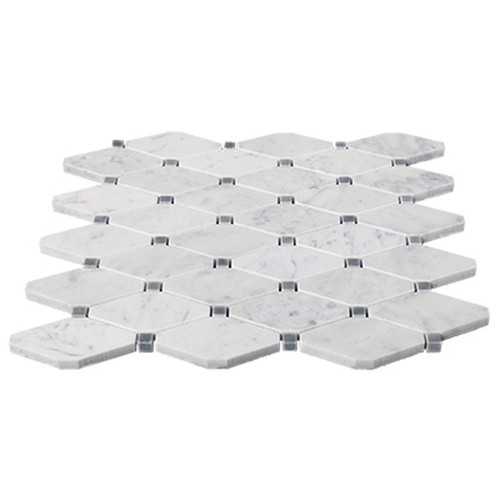 Carrara Marble Italian White Bianco Carrera Rhomboid Long Octagon Mosaic Tile with Bardiglio Gray Dots Honed