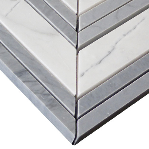 Bianco Carrara Chevron Mosaic Tile with Bardiglio Gray Strips Honed