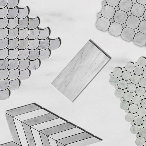 Carrara Marble Italian White Bianco Carrera Fish Scale Fan Shaped Mosaic Tile Honed Combination