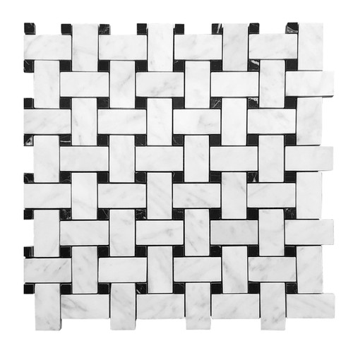 Carrara Marble Italian White Bianco Carrera Basketweave Mosaic Tile with Nero Marquina Black Dots Polished