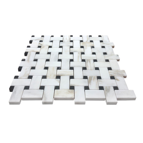 Calacatta Gold Italian Polished Marble Basketweave Mosaic Tile with Black Dots 
